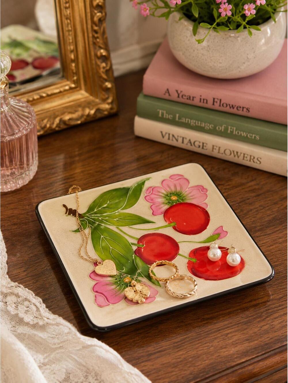 Vintage Y2K J. McCall Blue Sky Hand-Painted Cherry and Floral Trinket Tray